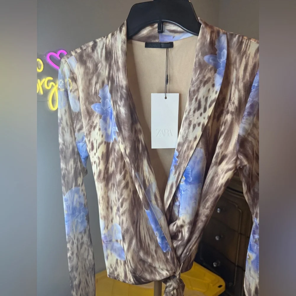 Zara Brown Animal Print Wrap around Blouse with Blue Floral Details - Picture 6 of 16